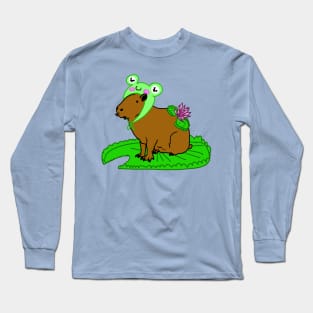 Capybara Sitting on a Lily Pad.. .In a Froggy Hat Long Sleeve T-Shirt